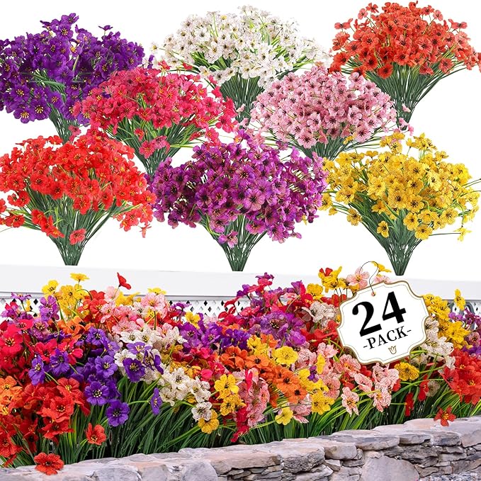 24 Bundles Artificial Flowers for Outdoors/Indoors, Fake Flowers Plants for Indoor Outside Garden Porch Window Box Home We...
