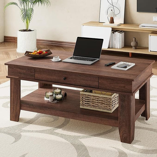 IDEALHOUSE Walnut Coffee Table with Drawer, 47.2" Center Table with Storage Shelf, Rustic Coffee Tables Long Living Room F...