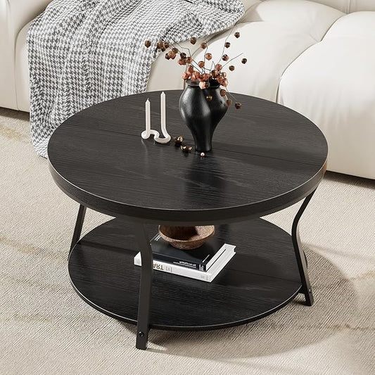 Round Coffee Table, Circle Wood Coffee Tables for Living Room, 2 Tier Industrial Modern Center Table with Thickened Tablet...