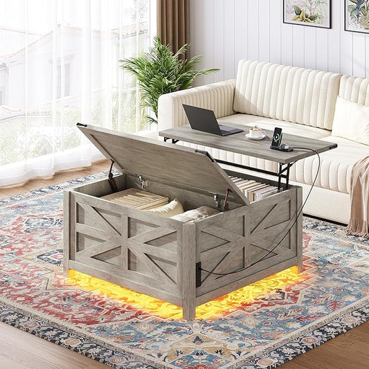 Seetech 35.8" Led Coffee Table with Lift Top Storage,Farmhouse Coffee Table for Living Room, Square Coffee Tables with Lar...
