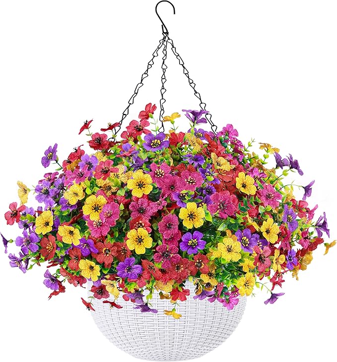 Der Rose Artificial Hanging Flowers Basket for Faux Plants Outdoor Spring Summer Decoration UV Resistant Fake Flowers for ...