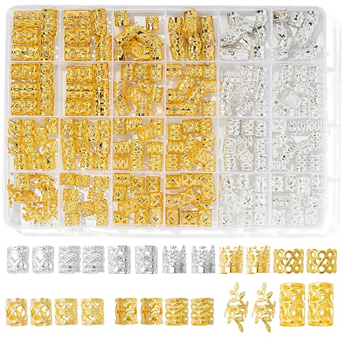 MODASER 220 Pcs Gold Hair Jewelry for Braids, 12 Styles Gold and Silver Hair Accessories Cuff for Braids and Dreadlocks, A...