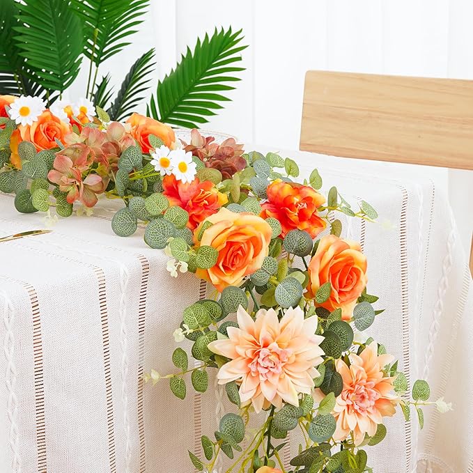 1 Pack Orange Flower Garland Decorations,6.07Ft Artificial Eucalyptus Garlands with Silk Rose Hydrangea Flower Vines Hangi...