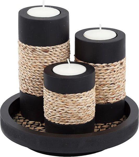 IYARA CRAFT Tealight Candle Holders with Tray – Set of 3 Rustic Black Wooden Candle Holders with Natural Rope Accent, Cozy...