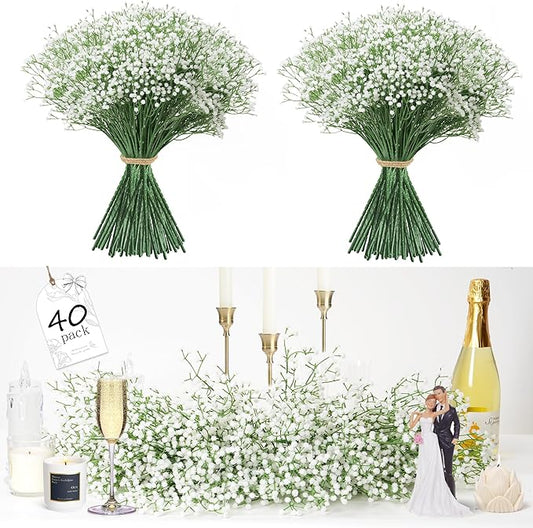 Fanfantoey 40Pcs Babys Breath Artificial Flowers, White Gypsophila Real Touch White Flowers Artificial Bulk, DIY Wedding F...