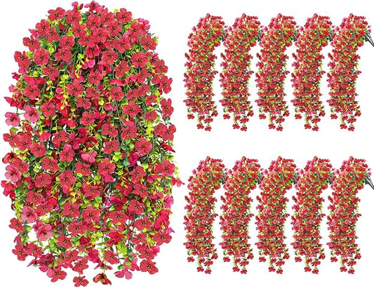 Zythrem 10PCS Red Artificial Hanging Flowers for Outdoors Spring Faux Silk Violet UV Resistant Fake Daisy Floral Trailing ...