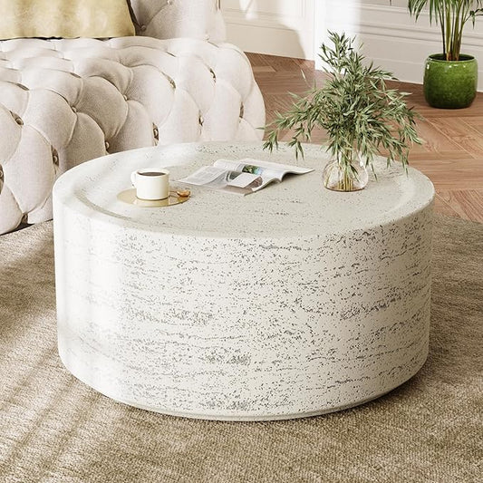 UPHA Modern Round Coffee Tables, Minimalist Accent Luxury Small Faux Stone Coffee Table, Low Light Hollow Concrete Center ...