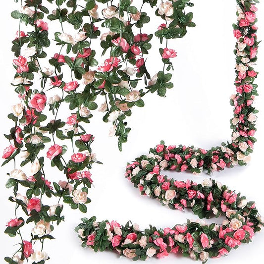 PONKING 8 Pcs x 8.2 ft Flower Garland Artificial Rose Vine Flowers with Green Leaves Hanging Fake Roses Vine for Room Part...