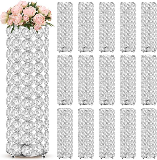 Dandat 16 Pcs Crystal Flower Vase Table Centerpieces 10.24 Inch Tea Light Candle Holders Wedding Crystal Cylinder Flower V...