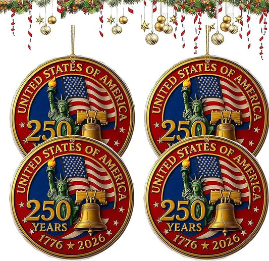 4pc United States 250th Anniversary Ornaments, 250th USA Anniversary Acrylic Christmas Ornament – 1776-2026 Red & Gold Pat...
