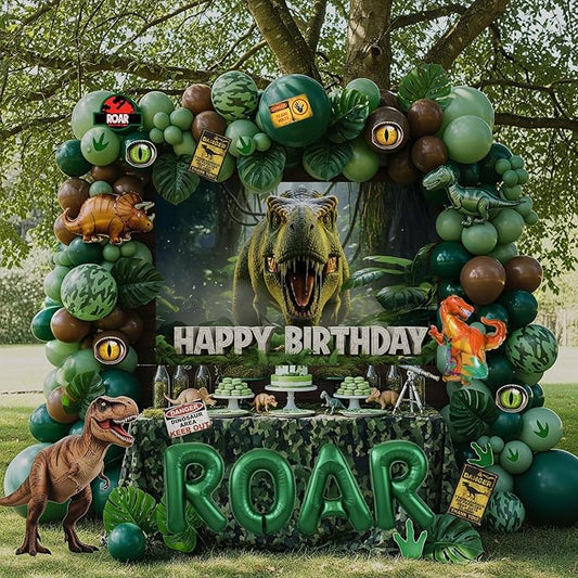 ROAR Dinosaur Birthday Decorations include Sage Green Brown balloon arch & small T-Rex Foil balloons & backdrop Sign & Art...