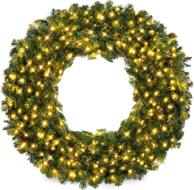 Best Choice Products 36in Large Artificial Pre-Lit Fir Christmas Wreath Holiday Accent Decoration w/ 150 LED Lights, 300 P...