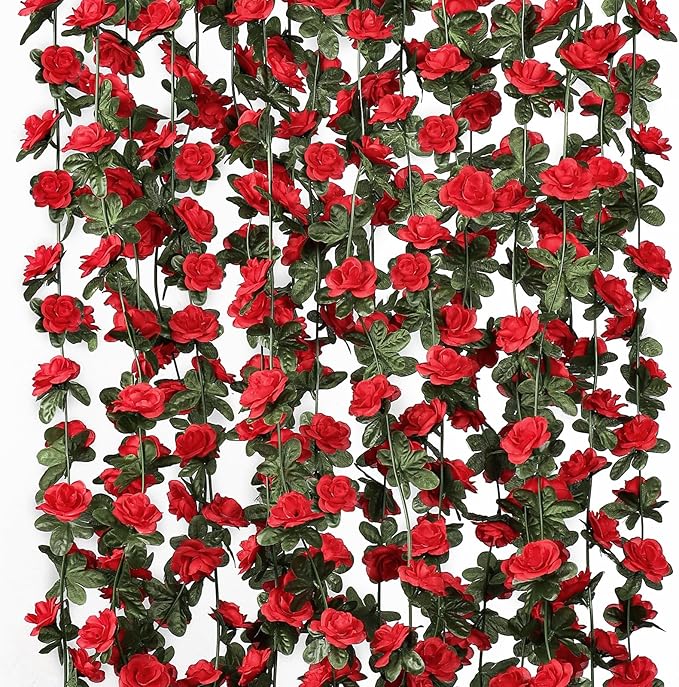 KHOYIME 9 Pack 72 FT Artificial Flower Garland, Fake Red Roses Vines Silk Flowers Faux Plastic Outdoor Hanging Floral Ivy ...