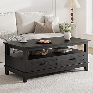 GarveeHome Farmhouse Coffee Table with Drawers, 47.2 in Center Table Rustic Coffee Tables Black Living Room Table, with Op...