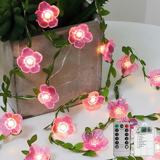 Cherry Blossom Decor Flower String Lights Vines with Fairy Lights Christmas, 30 LED Copper with Remote Control Battery Ope...