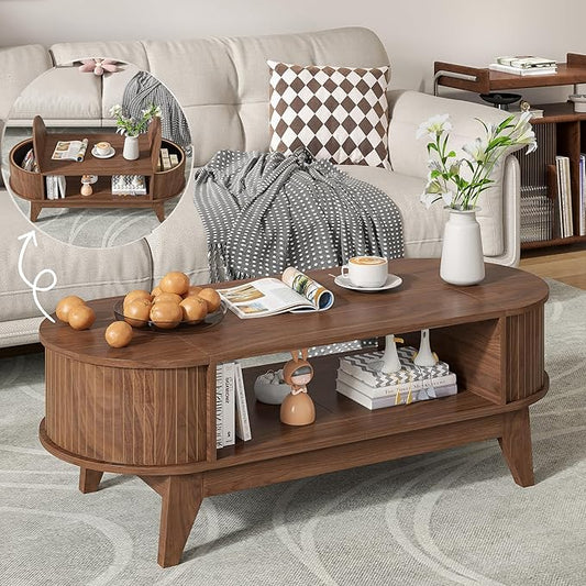 Coffee Table with Storage,Mid Century Modern Coffee Tables with 2 Flip-Top Hidden Lids,Fluted Coffee Table,Wood Center Tab...