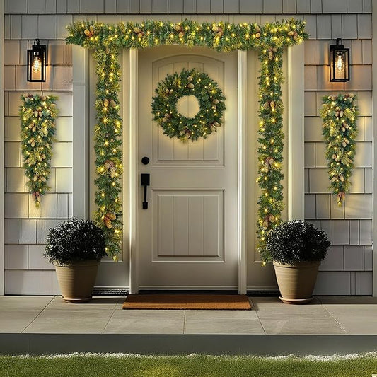 Garvee Pre-Lit White LED Lights Holiday Christmas 6-Piece Set - Tree, Garland, Wreath, Swags, Christmas Decorations Set of 6