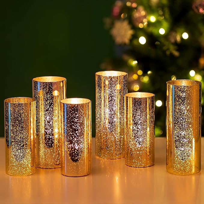 Glasseam Mercury Gold Candle Holders, Set of 6 Glass Hurricane Candle Holder, Glitter Pillar Candle Holder for Table, Mode...