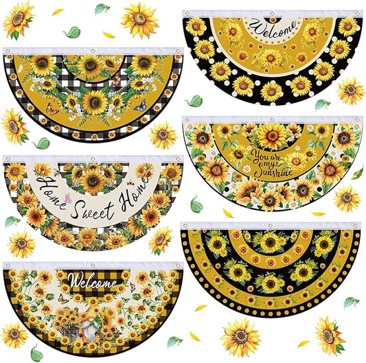 SmoothNovelty 6 Pcs Spring Summer Sunflower Decoration Large Sunflower Bunting Fan Flag Sunflower Garden Banner Flag Summe...