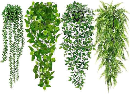 Palonu Artificial Hanging Plants for Shelf, 4 Pack Fake Potted Greenery Plant Faux Mandala Vine, String of Pearls, Ivy Vin...