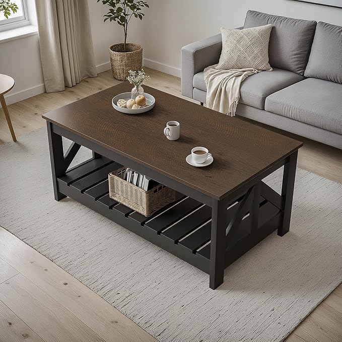 YESHOMY Farmhouse Coffee Table, Coffee Tables for Living Room, Farmhouse Square Coffee Table with Storage, Couch Table, Sm...