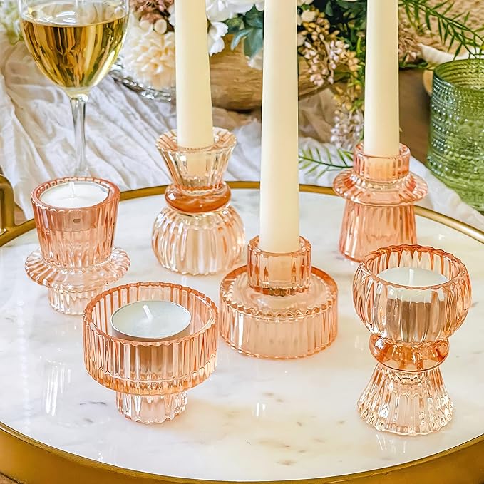 Kate Aspen Vintage Ribbed Glass Black Candlestick Holders, Pillar Candle, Tealight & Votive Candle Holders (Set of 6, 3 As...