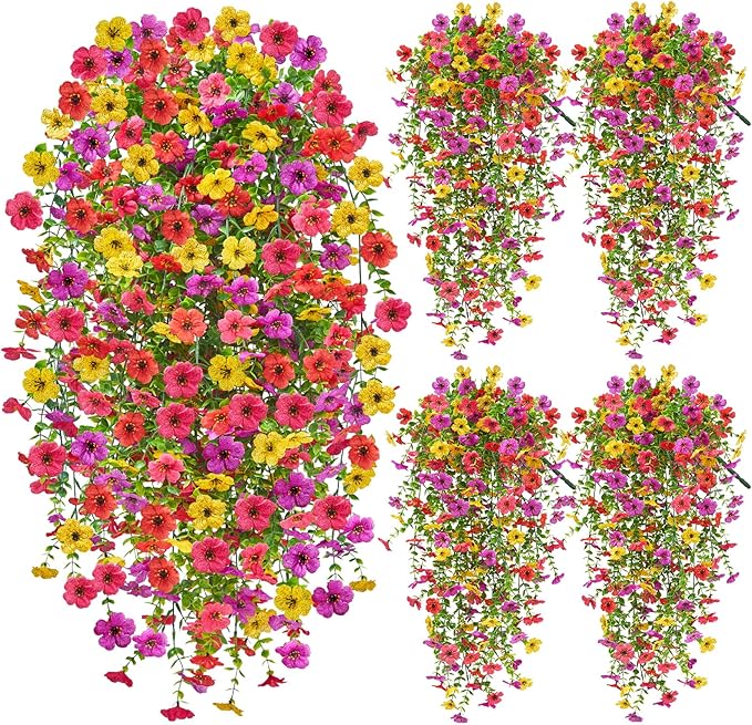 Faylifeway Artificial Hanging Flowers for Outdoors Spring Summer Decoration, 4PCS UV Resistant Silk Fake Hanging Plants fo...