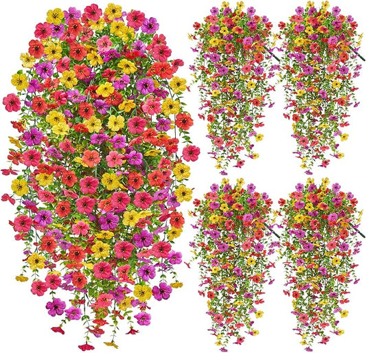 Faylifeway Artificial Hanging Flowers for Outdoors Spring Summer Decoration, 4PCS UV Resistant Silk Fake Hanging Plants fo...