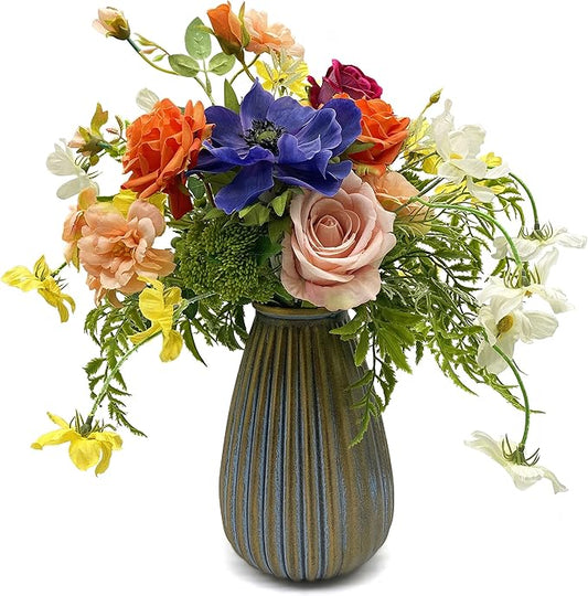 WAKISAKI Artificial Faux Flowers in Vase, Silk Flower Arrangement Artificial Floral Centerpiece, Table Centerpieces for Di...