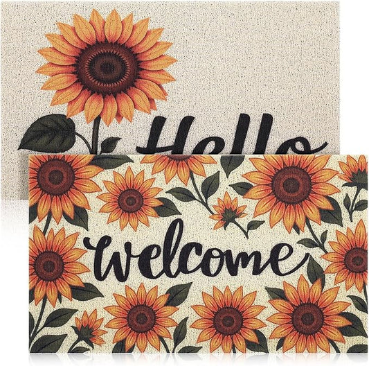 2 Pcs Summer Welcome Mat Sunflower Decorative Doormat Sunflower Floor Mats Summer Non Slip Entrance Door Rugs for Outdoor ...