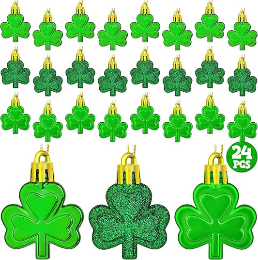24 PCS St Patricks Day Decorations, Shamrocks Tree Ornaments, 3 Styles Good Luck Clover Hanging Baubles for Tree, Shamrock...