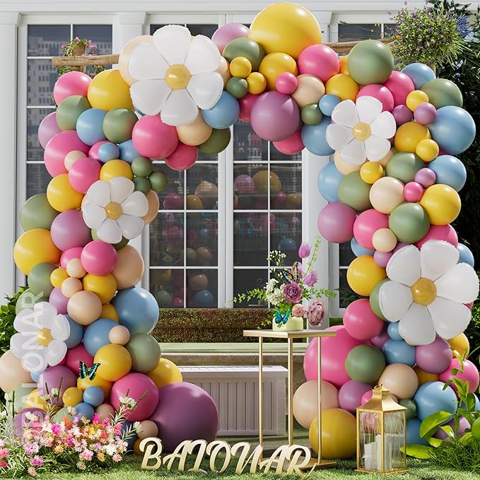 Daisy Boho Spring Flower Balloons Garland Arch Balloon with 151Pcs Dusty Rose Pink Yellow Latex Balloons for Wildflower Gr...