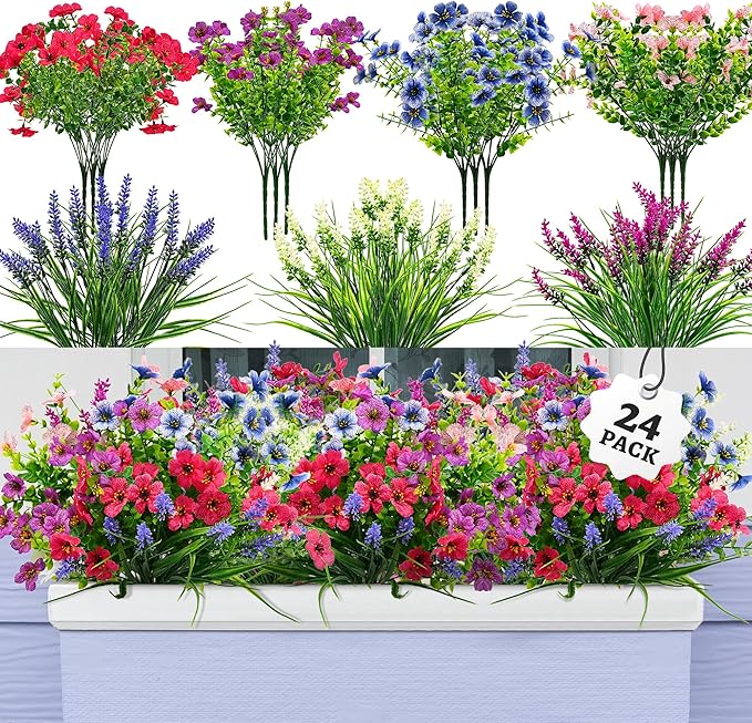 POPUPARTY 24 PCS Artificial Flowers for Outdoors,Fake Flowers for Home Decor, UV Resistant Artificial Flowers for Yard Gar...