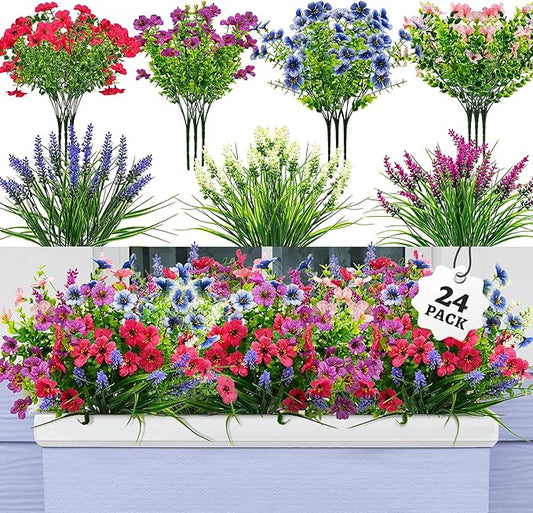 POPUPARTY 24 PCS Artificial Flowers for Outdoors,Fake Flowers for Home Decor, UV Resistant Artificial Flowers for Yard Gar...
