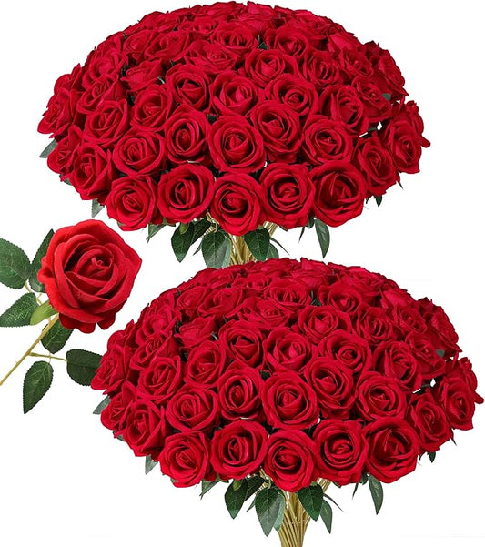 HyeFlora 50 PCS Red Roses Artificial Flowers, Fake Roses with Stems Realistic Silk Roses for DIY Wedding Bouquets Tables C...