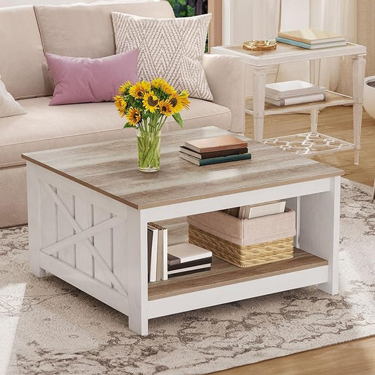 DWVO Square Coffee Table for Living Room, Farmhouse Coffee Table with Storage, 2-Tier Wood Coffee Tables Center Table with...