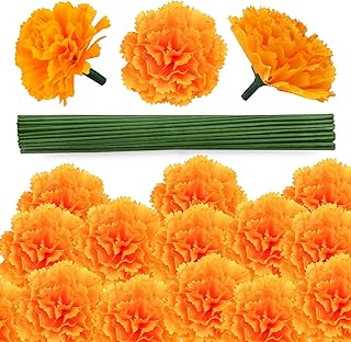 GOMALL 30 Pcs Artificial Marigold Flowers,3.54" Silk Marigold Flower Heads with Stems,Orange Flowers Artificial for Diwali...