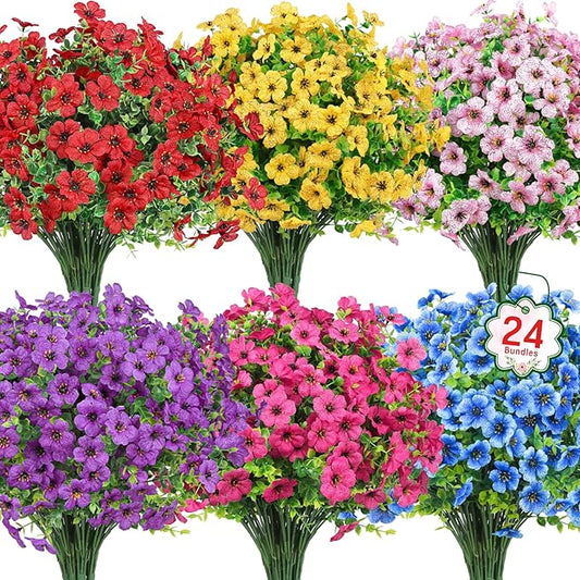 Ouddy Decor 24 Bundles Artificial Flowers for Outdoors Fake Silk Flowers UV Resistant Faux Plastic Plants for Spring Summe...