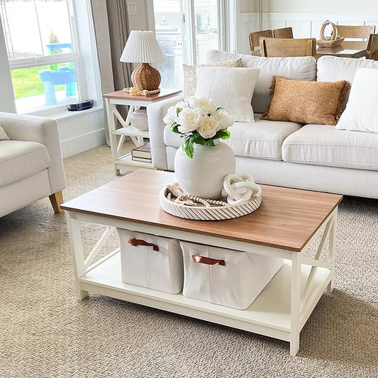 PHI VILLA Farmhouse Coffee Table for Living Room, White Coffee Tables with Storage Rustic Style Modern