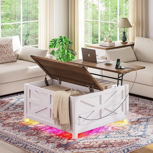 Seetech 35.8" Led Coffee Table with Lift Top Storage,Farmhouse Coffee Table for Living Room, Square Coffee Tables with Lar...