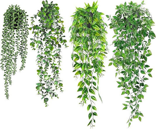 USLAI Artificial Hanging Plants Vine, Fake Potted Greenery Faux Eucalyptus, Mandala, String of Pearls, Pea Pod Leaves in P...