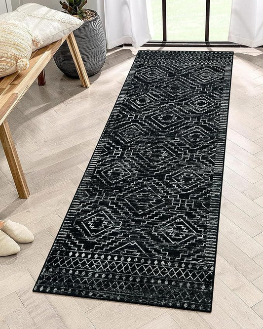 Wonnitar Washable Kitchen Runner Rug 2x6, Moroccan Black Runners for Hallway, Non Slip Bohemian Soft Bathroom Throw Mat Ge...
