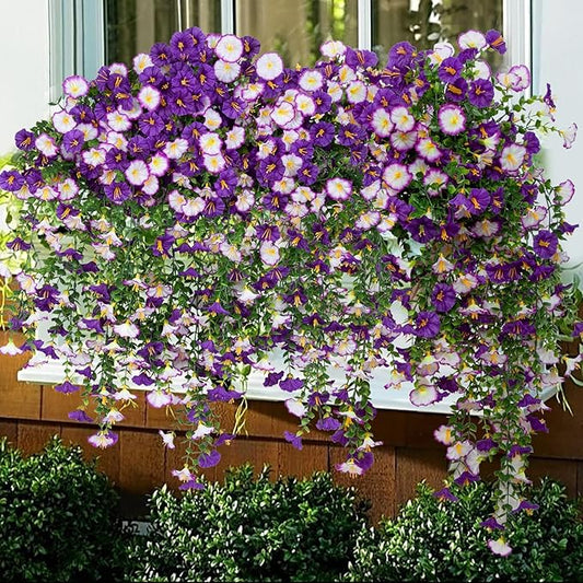 Lcuasc 2Pcs Outdoor Faux Hanging Flowers Artificial Morning Glory with Eucalyptus Leaves UV Resistant Look Real Fake Plant...