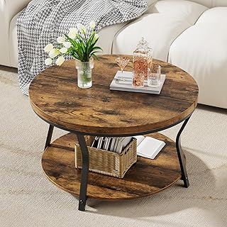Round Coffee Tables for Living Room, Circle Wood Coffee Table, 2 Tier Industrial Modern Center Table with Thickened Tablet...