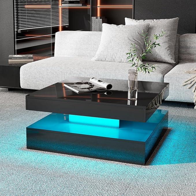 HedoAjim Black LED Coffee Table for Living Room, Living Room Table 2-Tier Square Center Tables, Wood Coffee Tables with St...