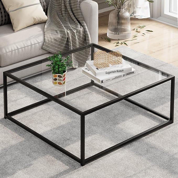 Black Glass Coffee Table for Living Room,Square Coffee Tables for Small Spaces,Simple Tea Cocktail Modern Center Tables, L...