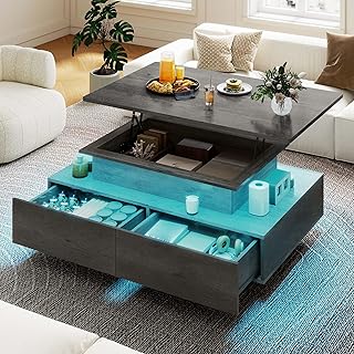 DWVO LED Lift Top Coffee Tables for Living Room, Rectangular Coffee Table with 4 Spacious Drawers, Modern Center Table wit...