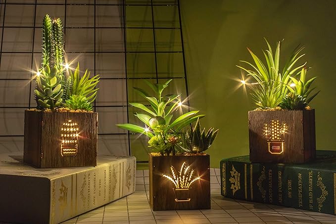 BEGONDIS Set of 3 Artificial Succulents with Led Lights in Wooden Box, Artificial Plants Plastic Fake Topiary for Home/Off...