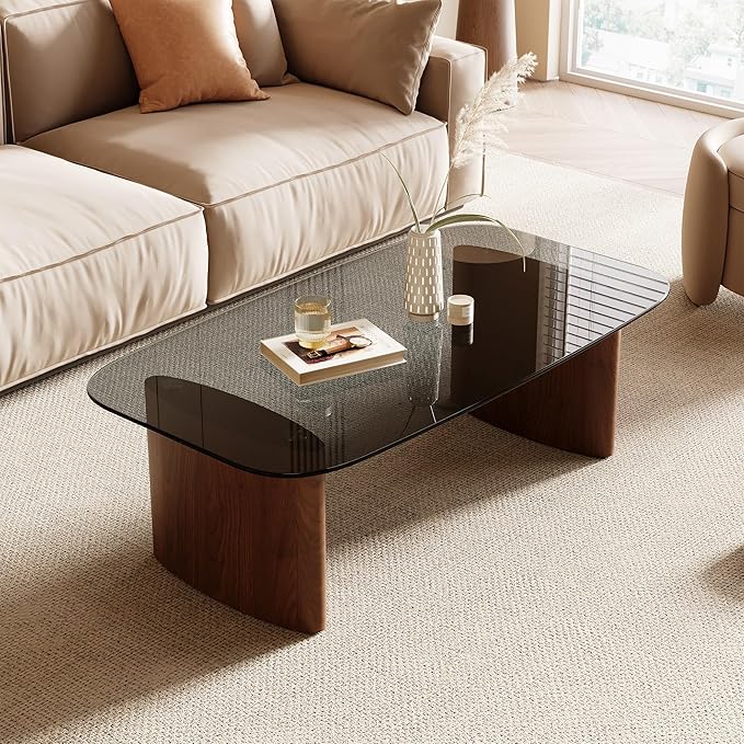 Modern Glass Coffee Table, Coffee Table for Living Room,Tempered Glass-top with Sturdy Wooden Base, Modern Coffee Tables f...