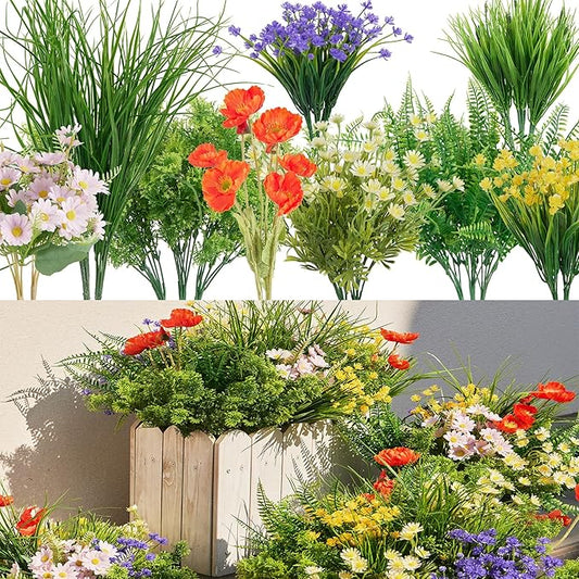 Clycaloor 23Pcs Outdoor Artificial Boxwood UV Resistant Fake Stems Plants, Faux Plastic Greenery for Indoor Outside Hangin...